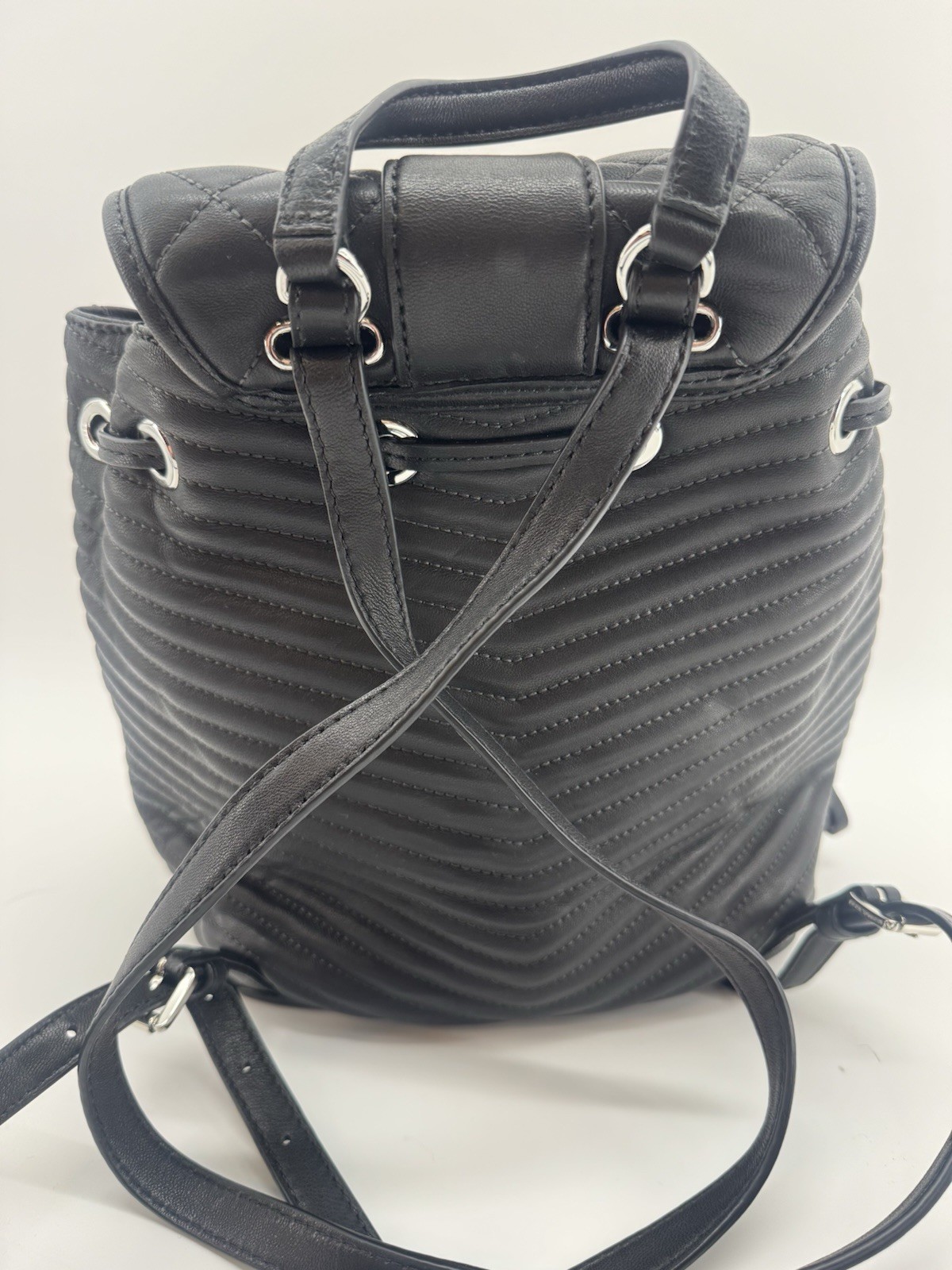 Michael Kors Medium Black Quilted Backpack Drawstring Push Lock Silver Pouch