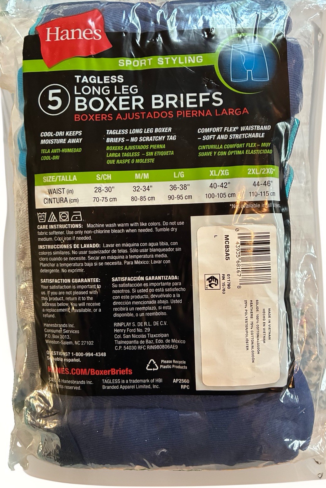 Hanes Men’s Tagless Long Leg Boxer Briefs LARGE (Quantity: 5)