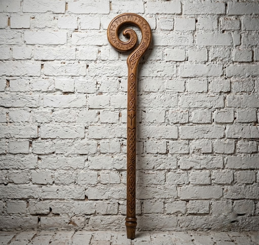 Hand-Carved Walnut Runic Staff – Celtic Knotwork – 46″ Modular Walking Stick
