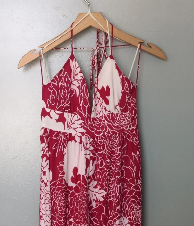 Tibi Vintage White & Red Floral Silk Maxi Sundress Halter Dress 0