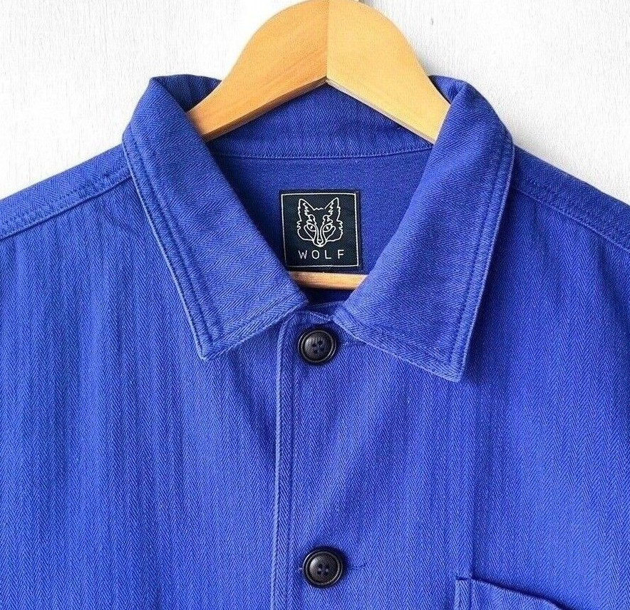 Herringbone French Chore Jacket 60s Style Bugatti Blue Washed Cotton Twill