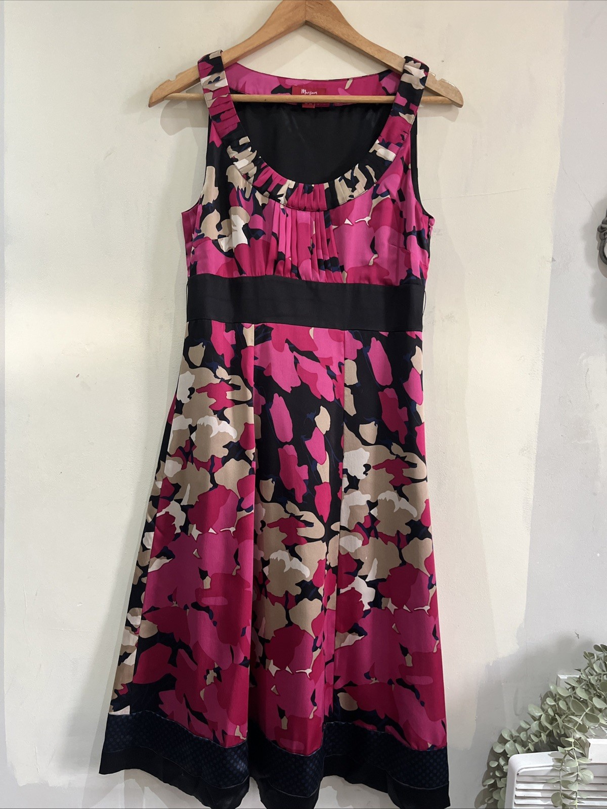 MONSOON 100% Silk Pink Black Blue Beige Fit & Flare Dress Size 10