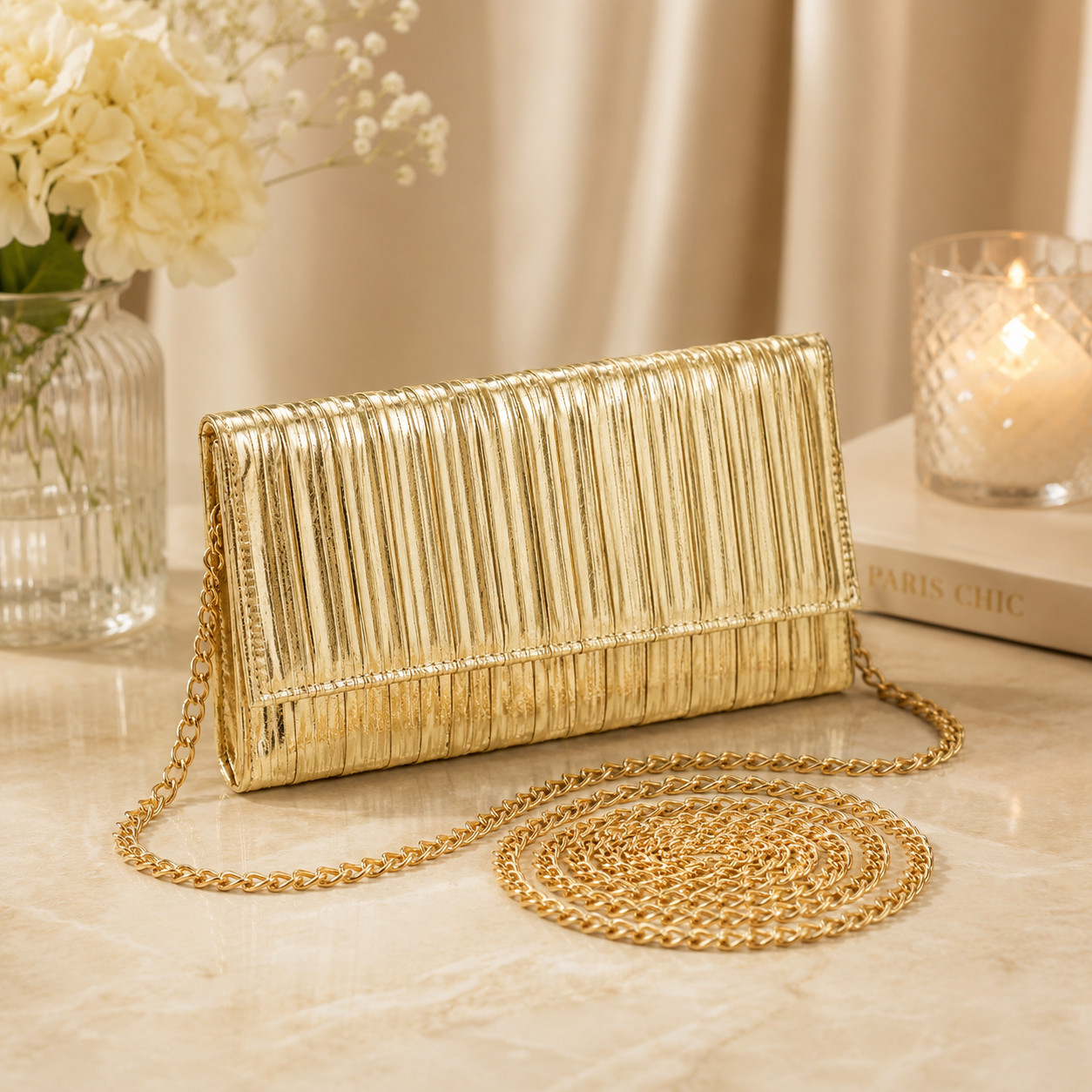 Gold Pleated Clutch, Evening Bag for Wedding Party, Formal Handbag