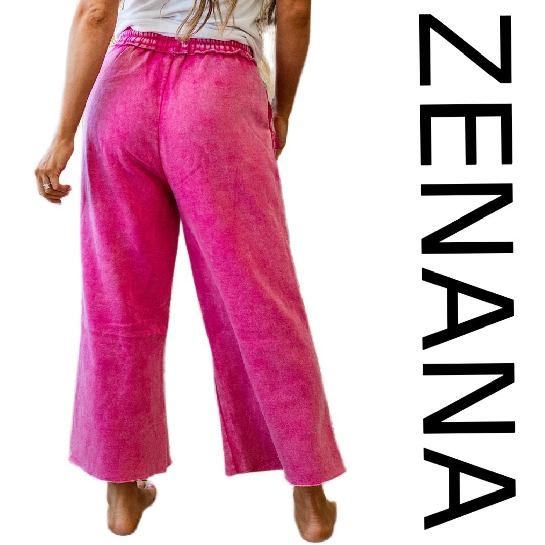SIZE S-L ZENANA HOT PINK MINERAL WASHED FRENCH TERRY WIDE LEG PANTS/CROP BHCS