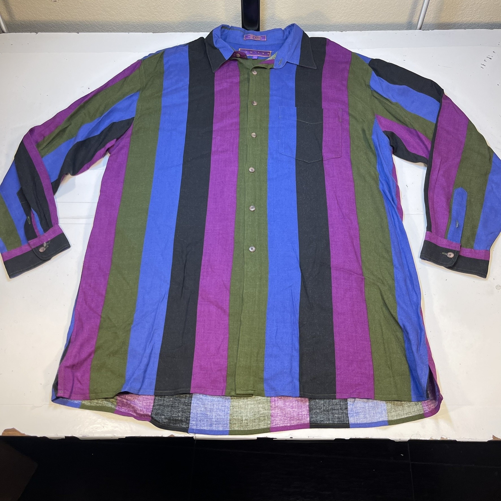 VINTAGE 1990s Baxter Color Block Striped SHIRT Mens L Rayon Purple Rap Hip Hop