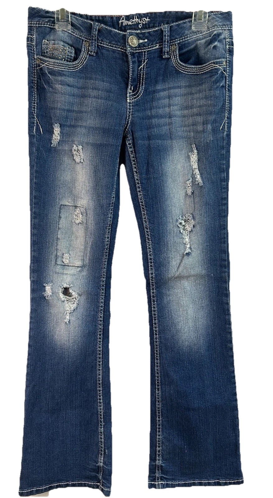 Amethyst Jeans Women’s Blue Boot Cut Distressed Denim Embellished Pockets Size 9