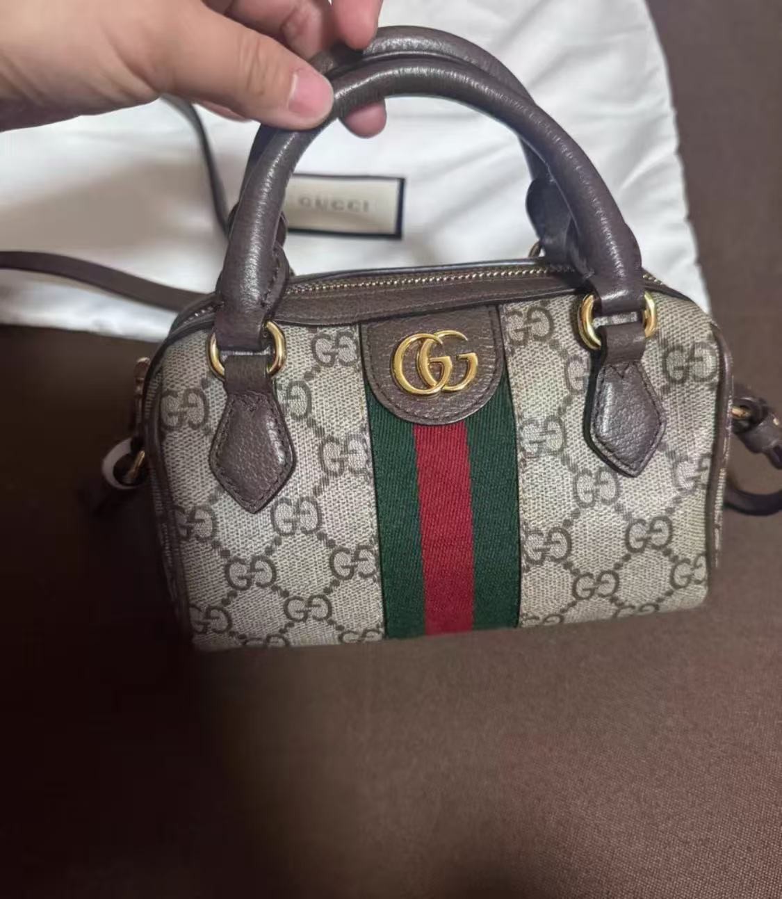 GUCCI Ophidia Mini Boston Beige/Ebony GG Canvas Top Handle Bag hot sale Auth