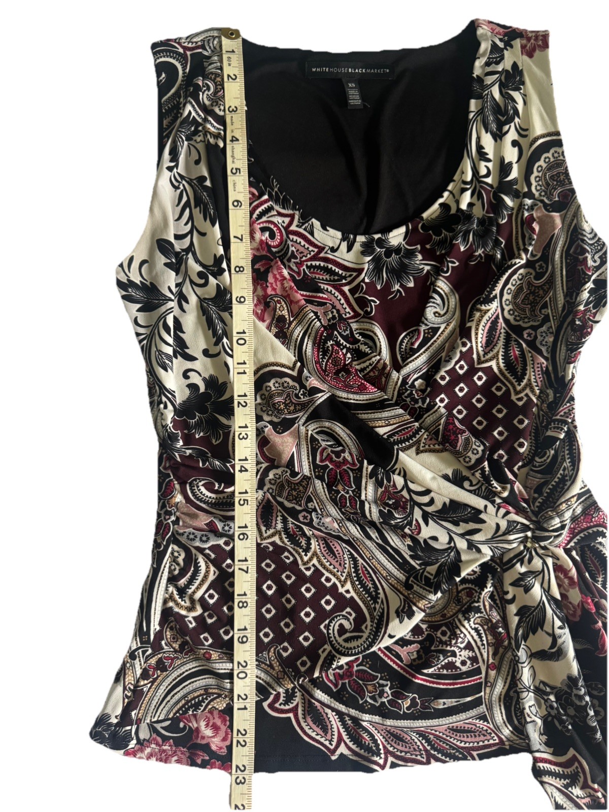 White House Black Market Chic Paisley Faux Wrap Top Burgandy Black White XS
