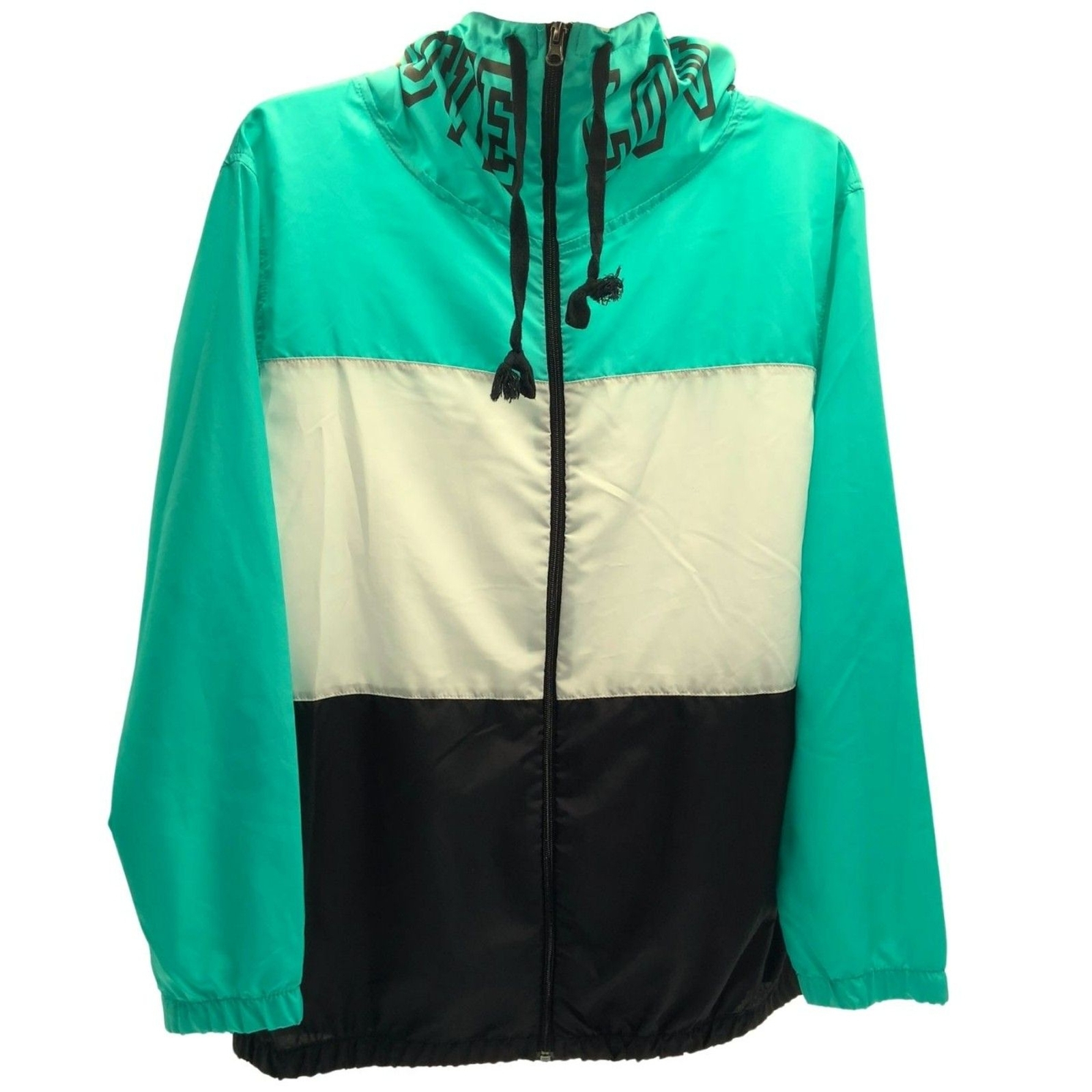 Bobbie Brooks Jacket Women’s Windbreaker Love Aqua Blue-White-Black Zip Medium