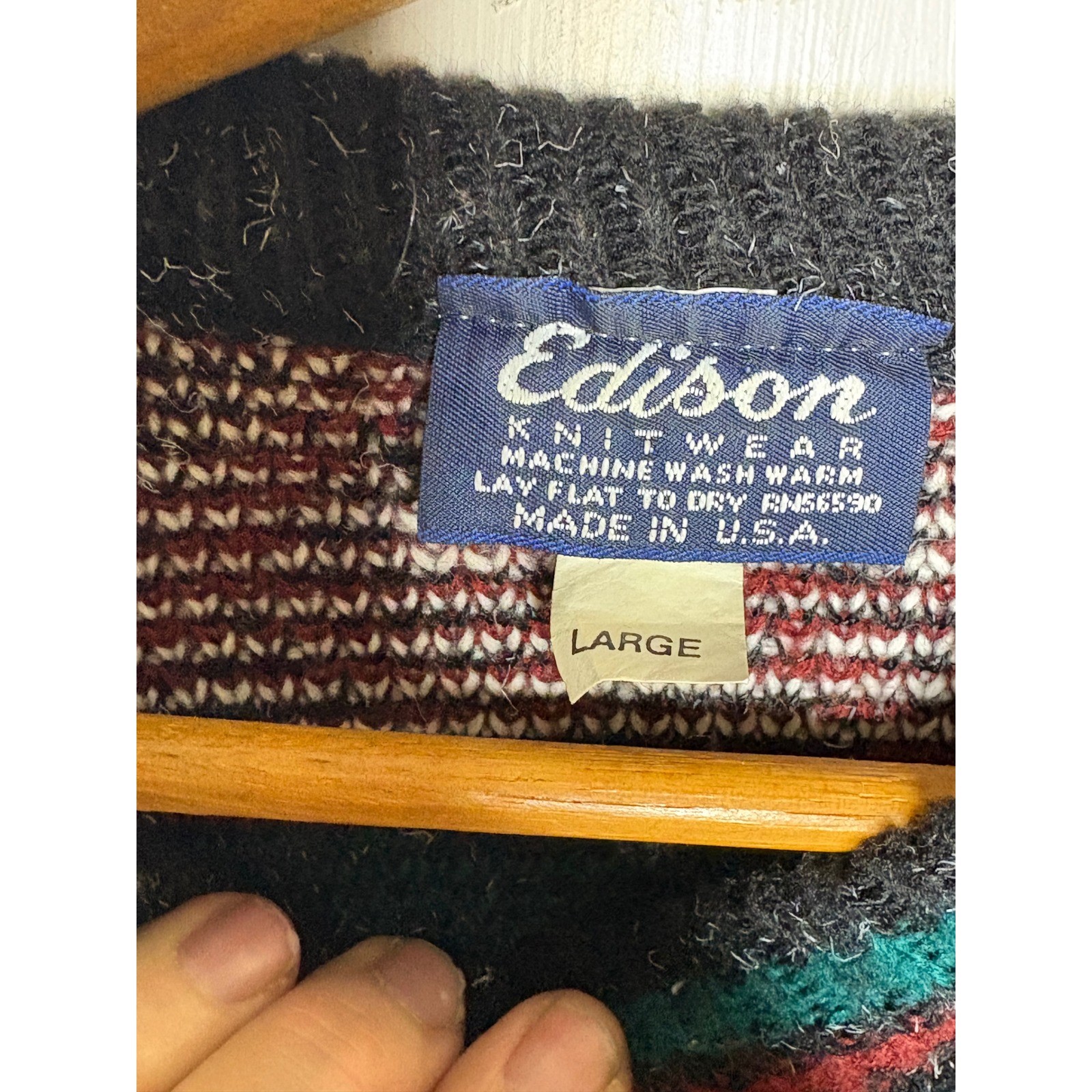 Edison Knitwear Mens Large Fair Isle Geometric Sweater Red Green Black USA