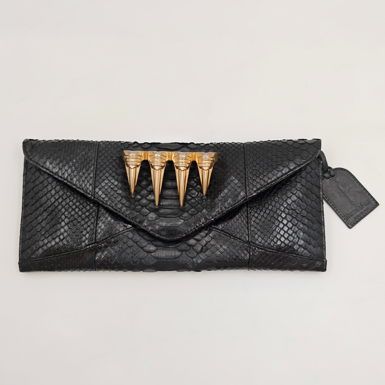 Maison Du Posh Black Python Leather Envelope Clutch Gold Fang Italy