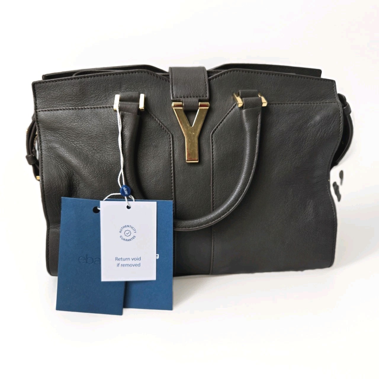 Authentic YVES SAINT LAURENT YSL Cabas Chyc 2way Bag Purse Dark Grey Leather