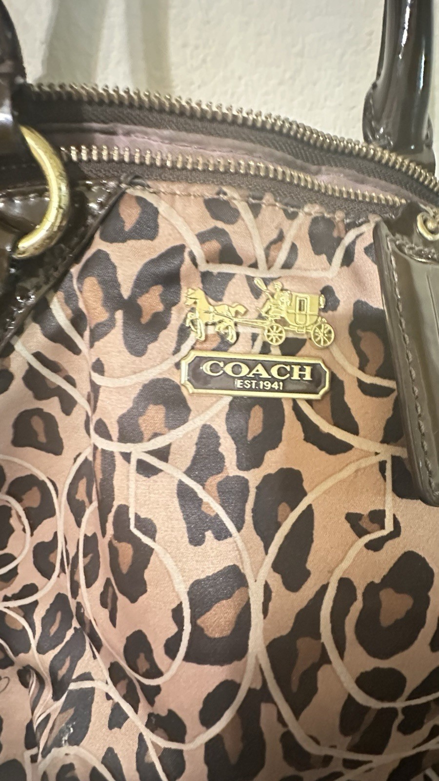 Coach Leopard Print Patent Satchel Top Handle Zip Bag w/ Detachable Strap
