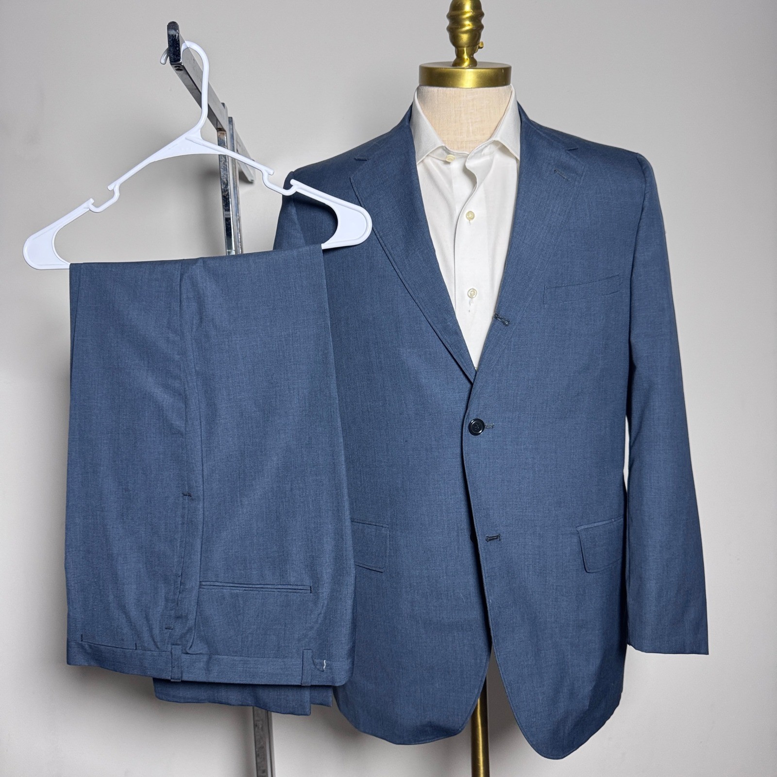 1970s Deansgate Suit Mens 41L 33×29 Blue Solid Vintage Ivy League Wash & Wear