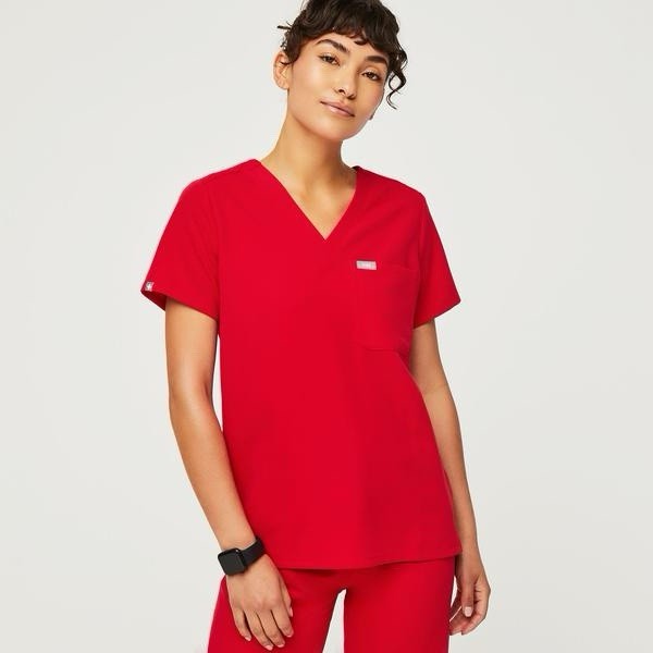 FIGS Catarina Scrub Top Women Size L Pop Red V-Neck NWT Medicine Medical Nursing
