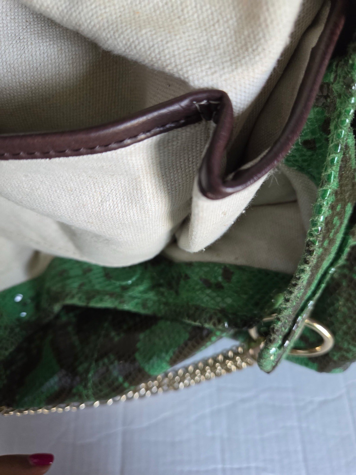 Antonio Melani Green Snake Print Leather Hobo Shoulder Bag Gold Chain Large
