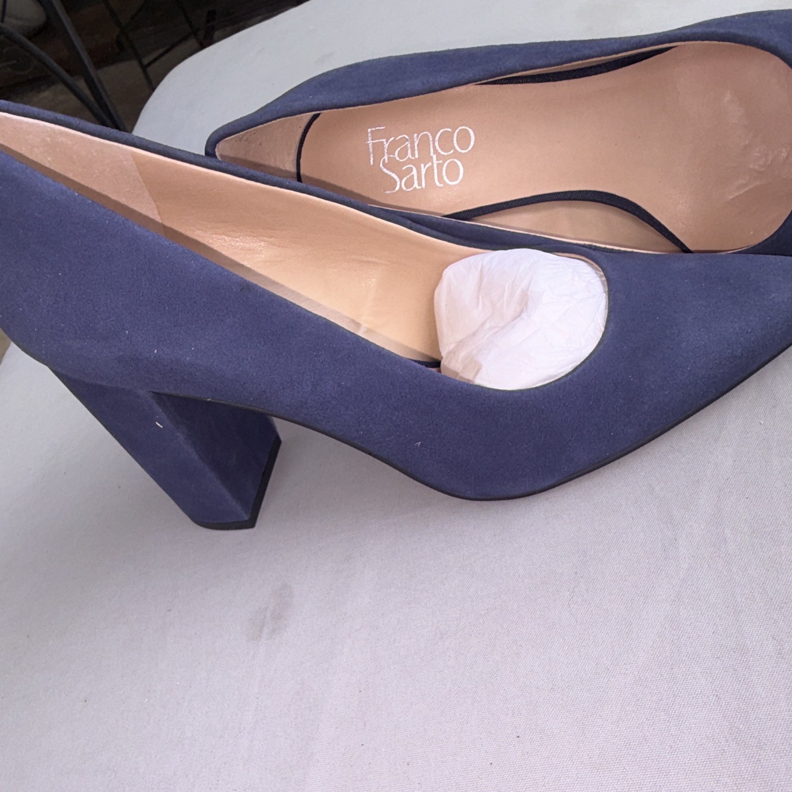Franco Sarto Women’s Blue Suede Pointed Toe Slip-On Block Heel Pumps 8.5