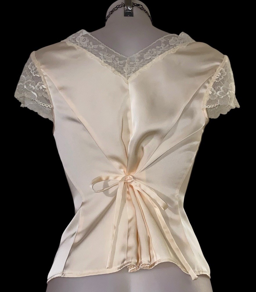 Y2k 90s Womens Victorian Champagne Satin Lace Sheer Fairycore Coquette Top Sz M