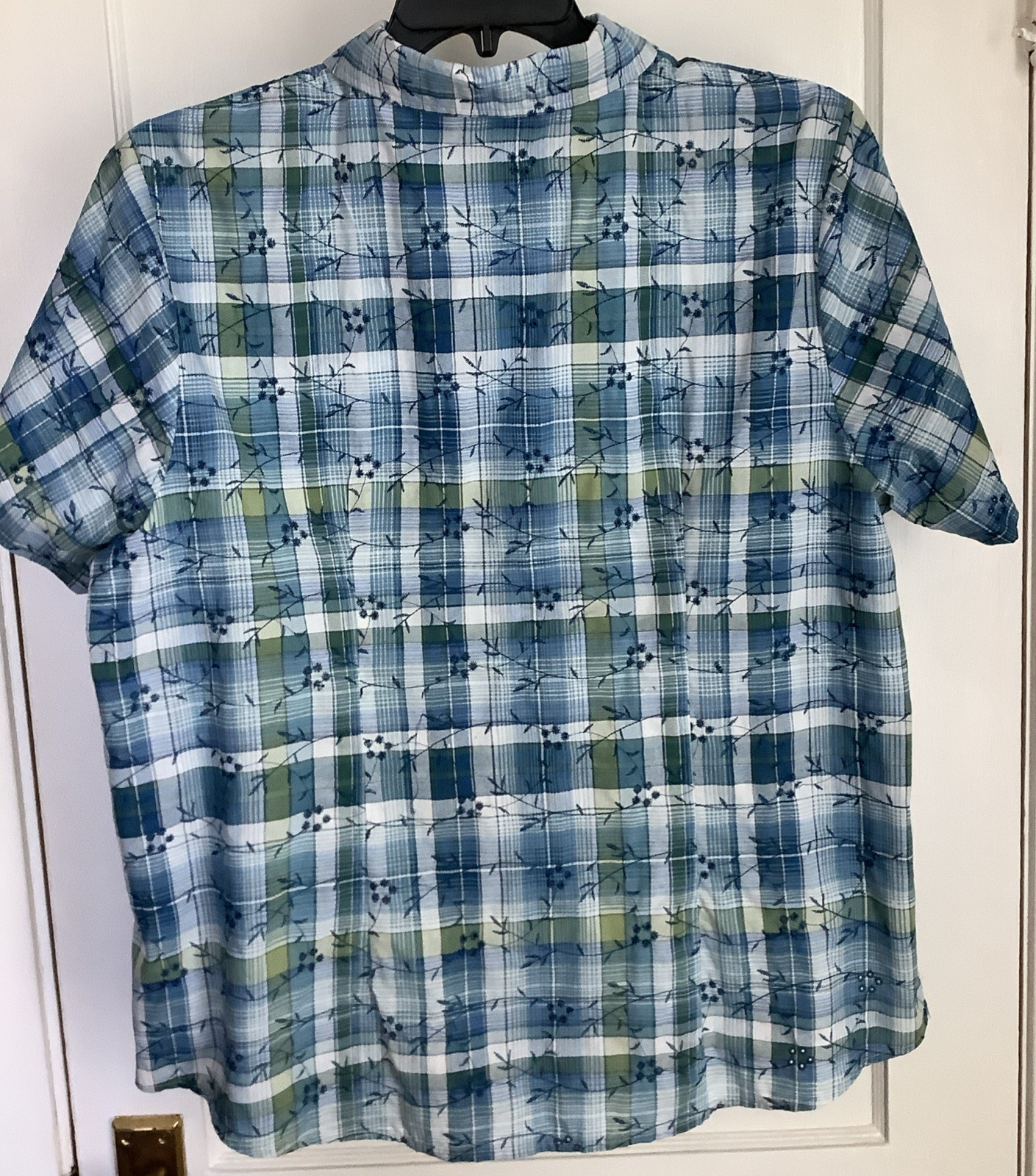 Lemon Grass Womens Top 2X Short Sleeve Blue Plaid Eyelet Button Up Embroidered