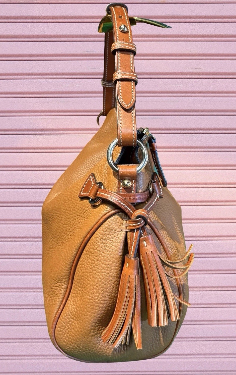 Dooney Bourke Caramel Brown Hobo Zip Shoulder Bag Pebbled Leather