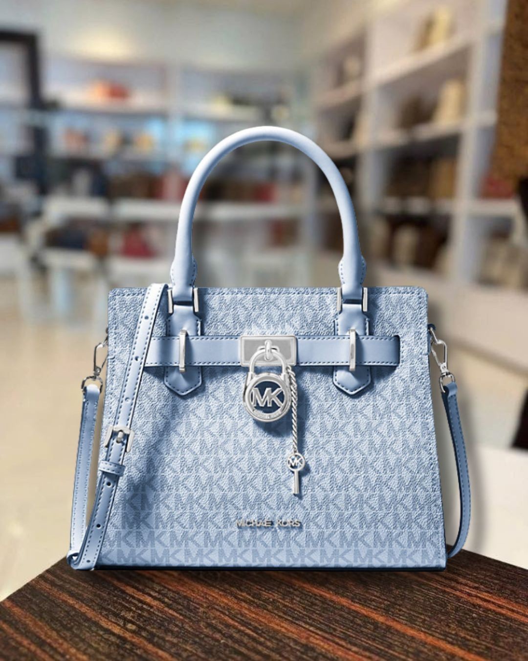Michael Kors Hamilton Women Small MK Logo Crossbody Satchel Purse Bag Pale Ocean