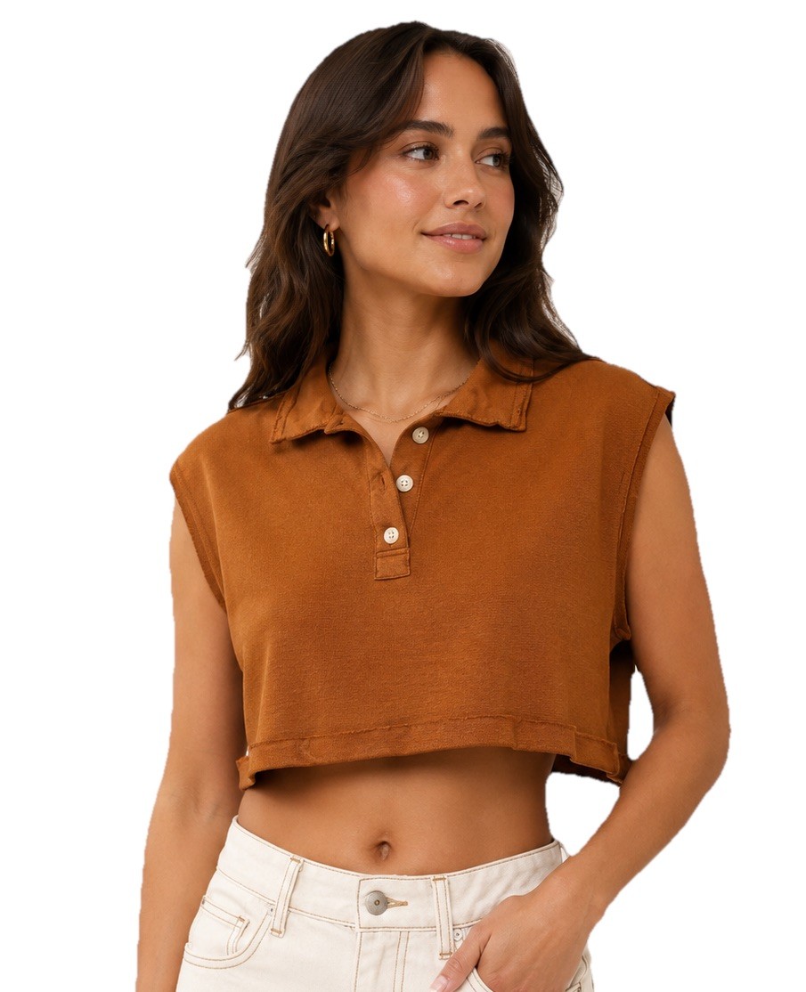 BUCKETLIST S Sleeveless Polo Raw Hem 3 Button Placket Brown Cropped Cotton Top
