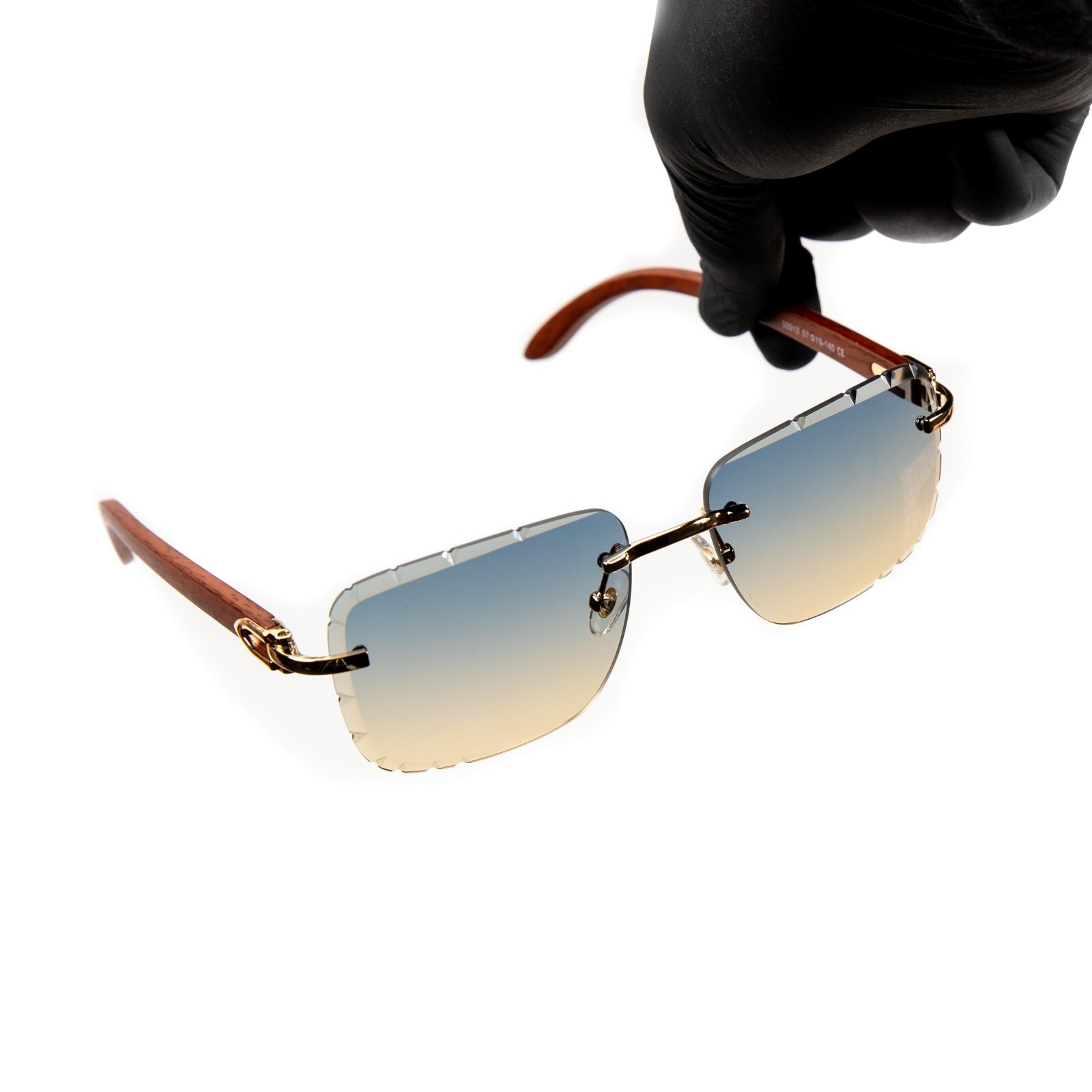 Gem Cut Gray & Tan Gradient Tint Rimless Men’s Gold Frame Woodgrain Sunglasses