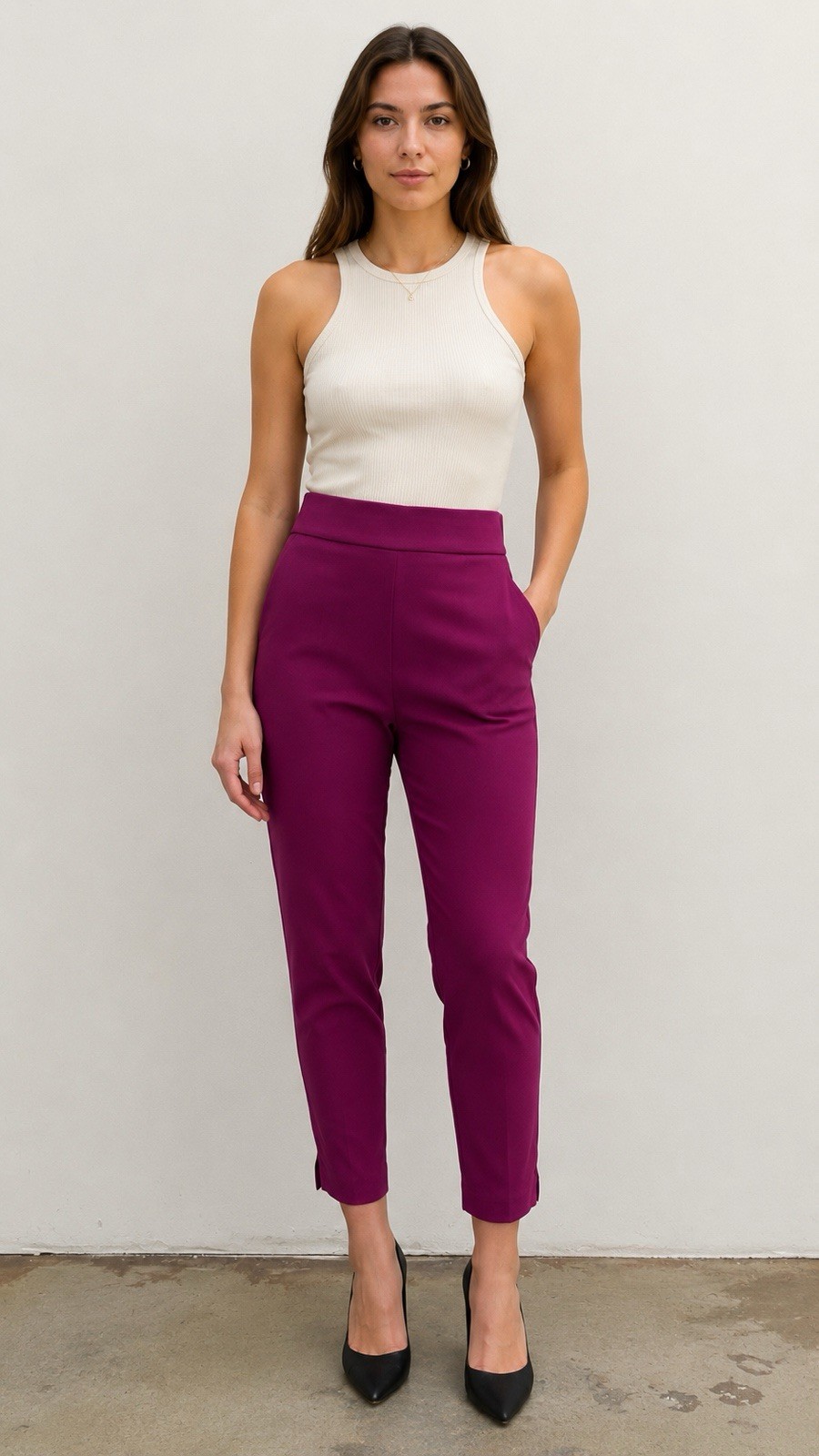 Counterparts pull on pants ankle length stretch front pockets side slits on hem.