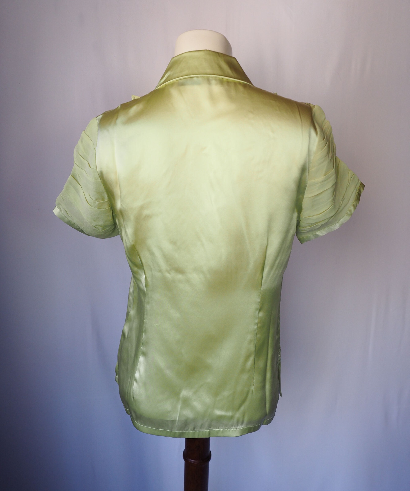 Simply Chloe Dao 100% Silk Satin Blouse Ruched Chiffon Ruffle Chartreuse XS