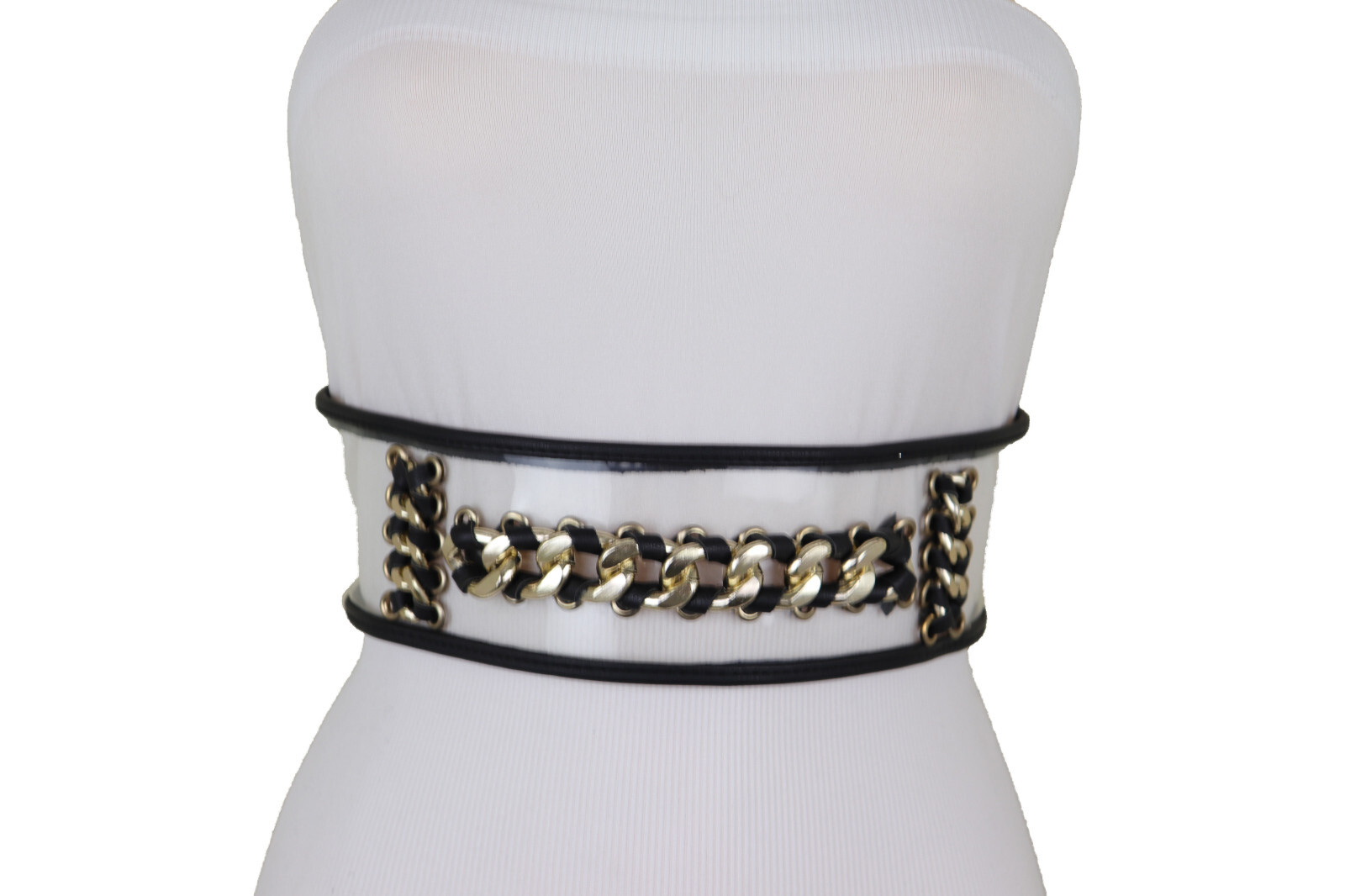 Women Black Elastic Wide Waistband Miami Beach Sexy Belt Gold Metal Chain XS S