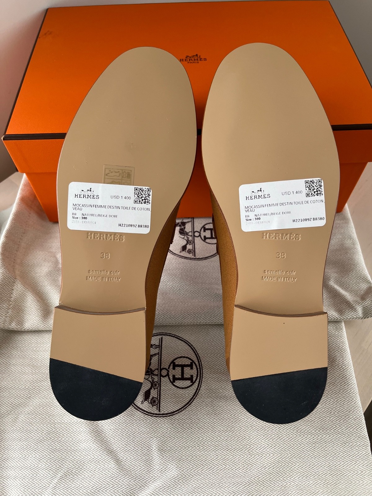NIB Hermes Destin Loafer Toile/Veau Leather Naturel/Beige Dore 38