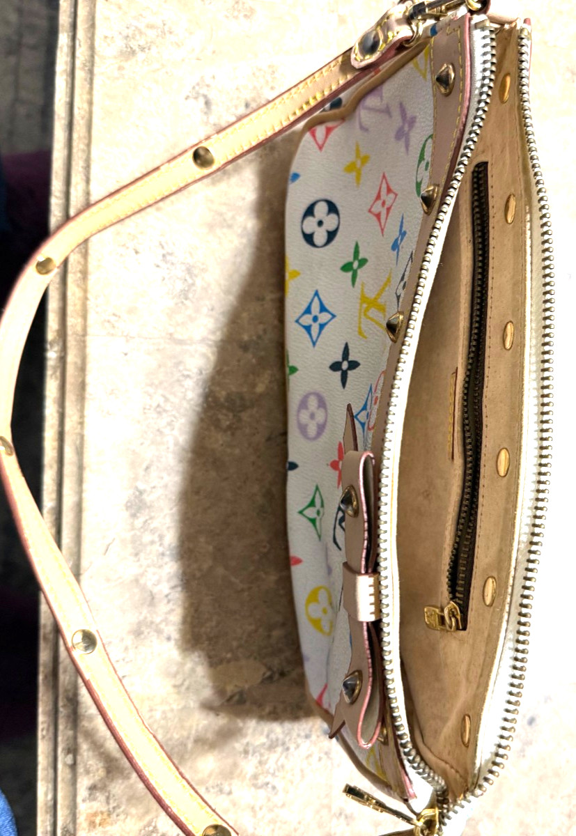 Y2K Multicolor Monogram Print Pochette Shoulder Bag Leather Bow Studded Trim