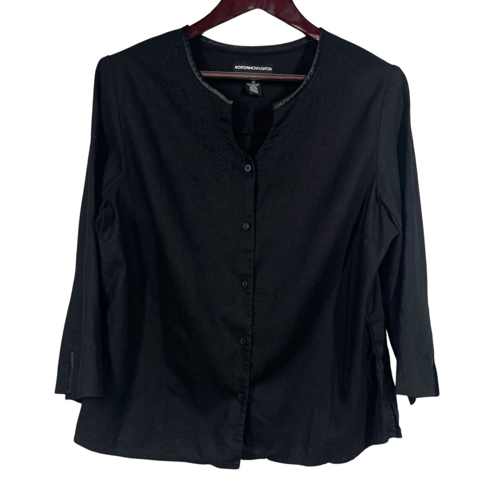 Norton Mcnaughton Linen Blend Blouse Womens 18 Black Floral Stitching Lagenlook