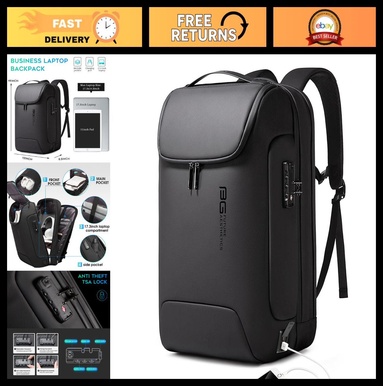 Anti-Theft Waterproof Travel Backpack, USB Charging Port, Fits 17.3″ Laptop