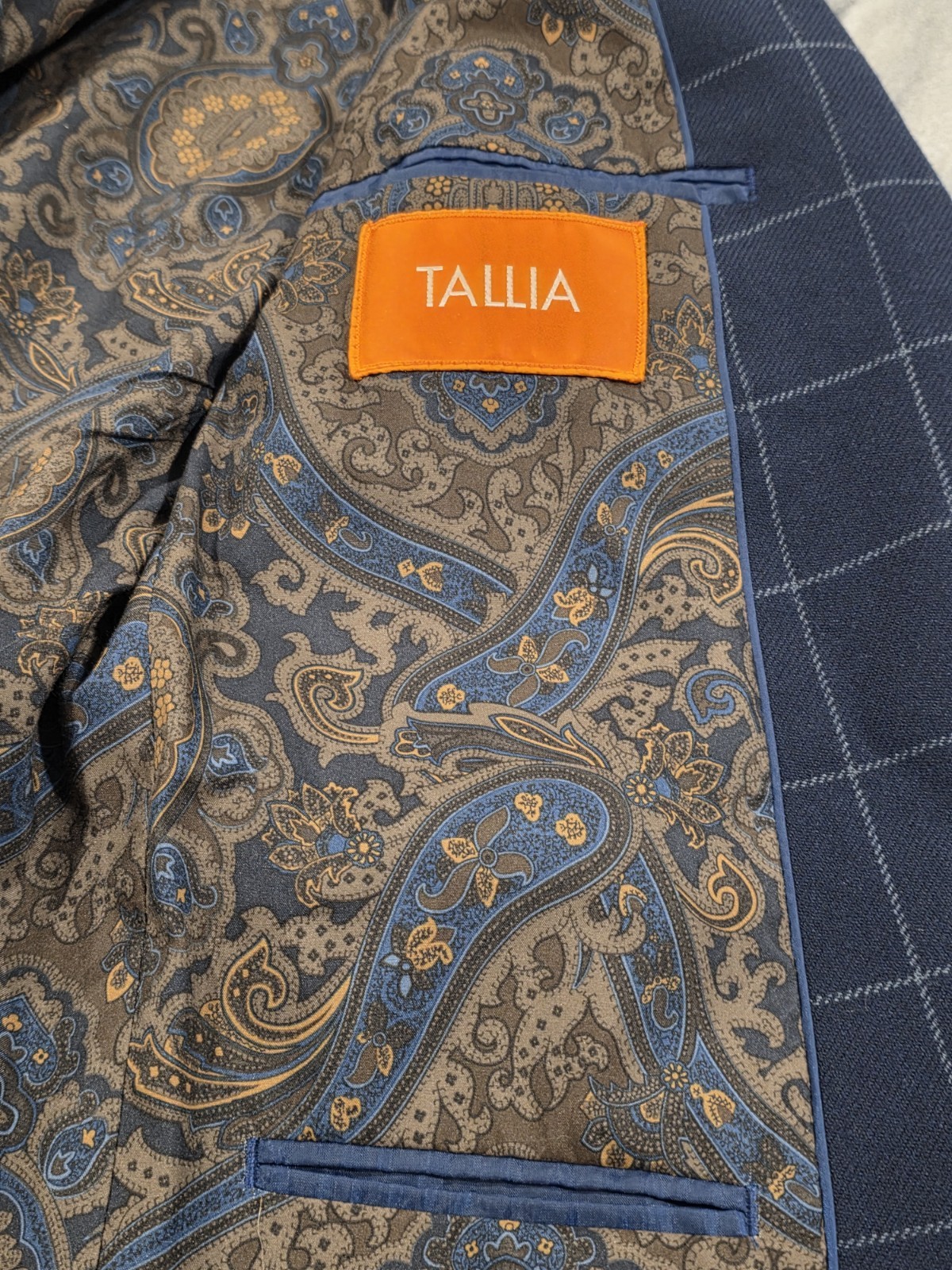 40R Men’s Tallia Elbow Patch Wool Blazer Paisley Lined Windowpane Sport Coat