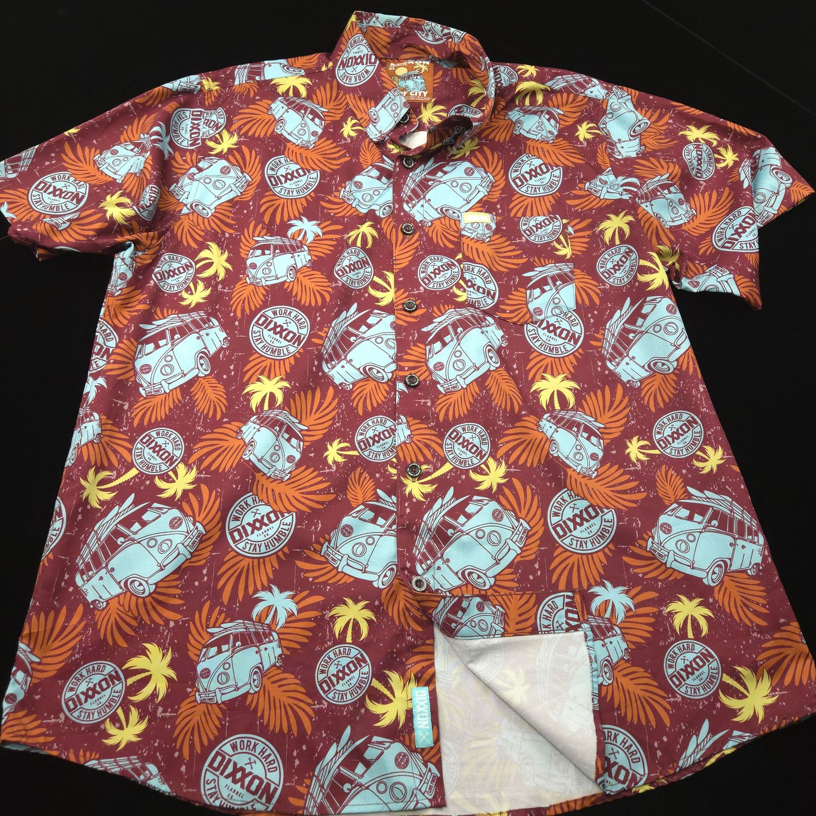 Dixxon Flannel Co Surf City PERFORMANCE Shirt Mens XL Short Sleeve VW BUS Floral
