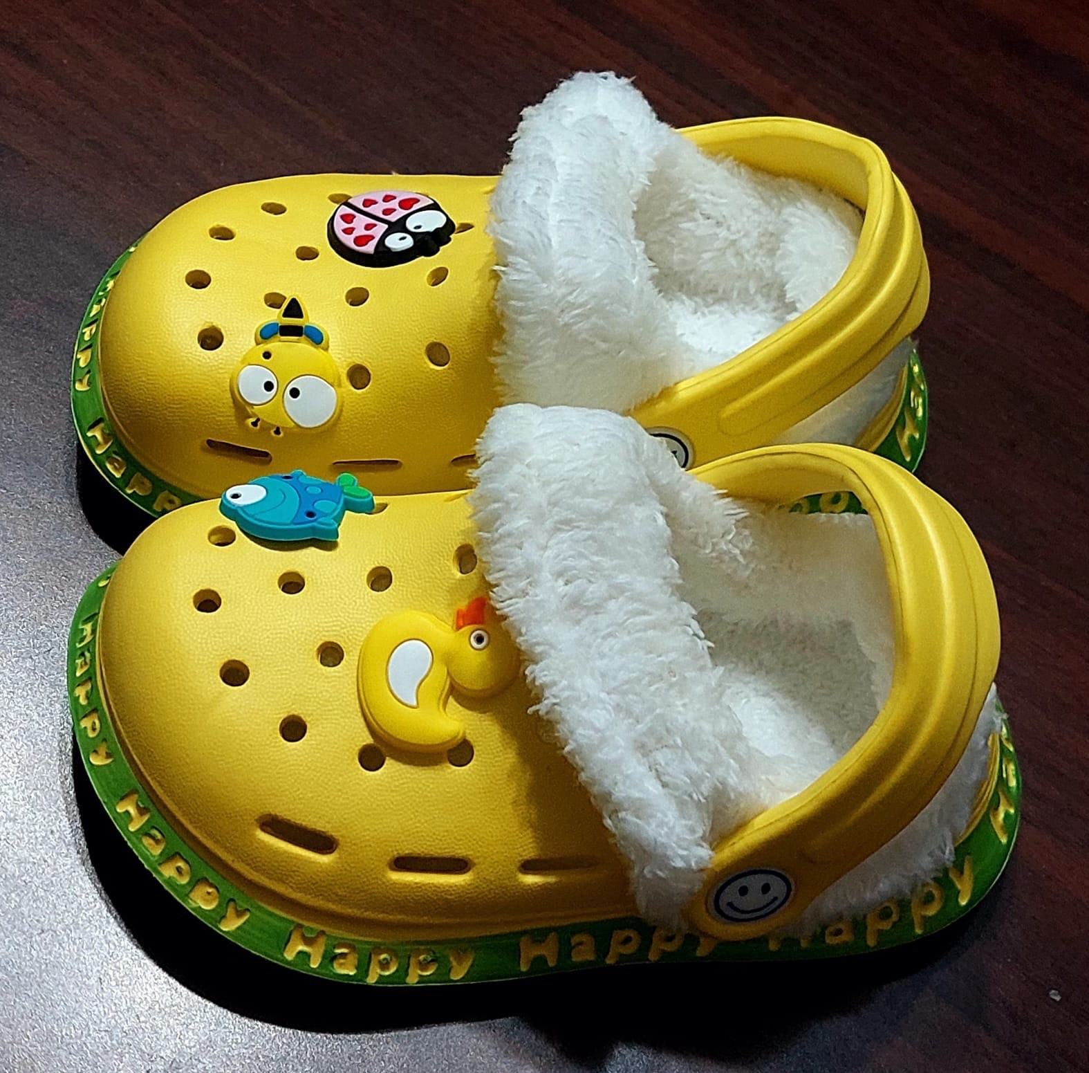 Kids Yellow Faux Fur Lined Clog Slippers Slip-On, US 2 EU 22-23
