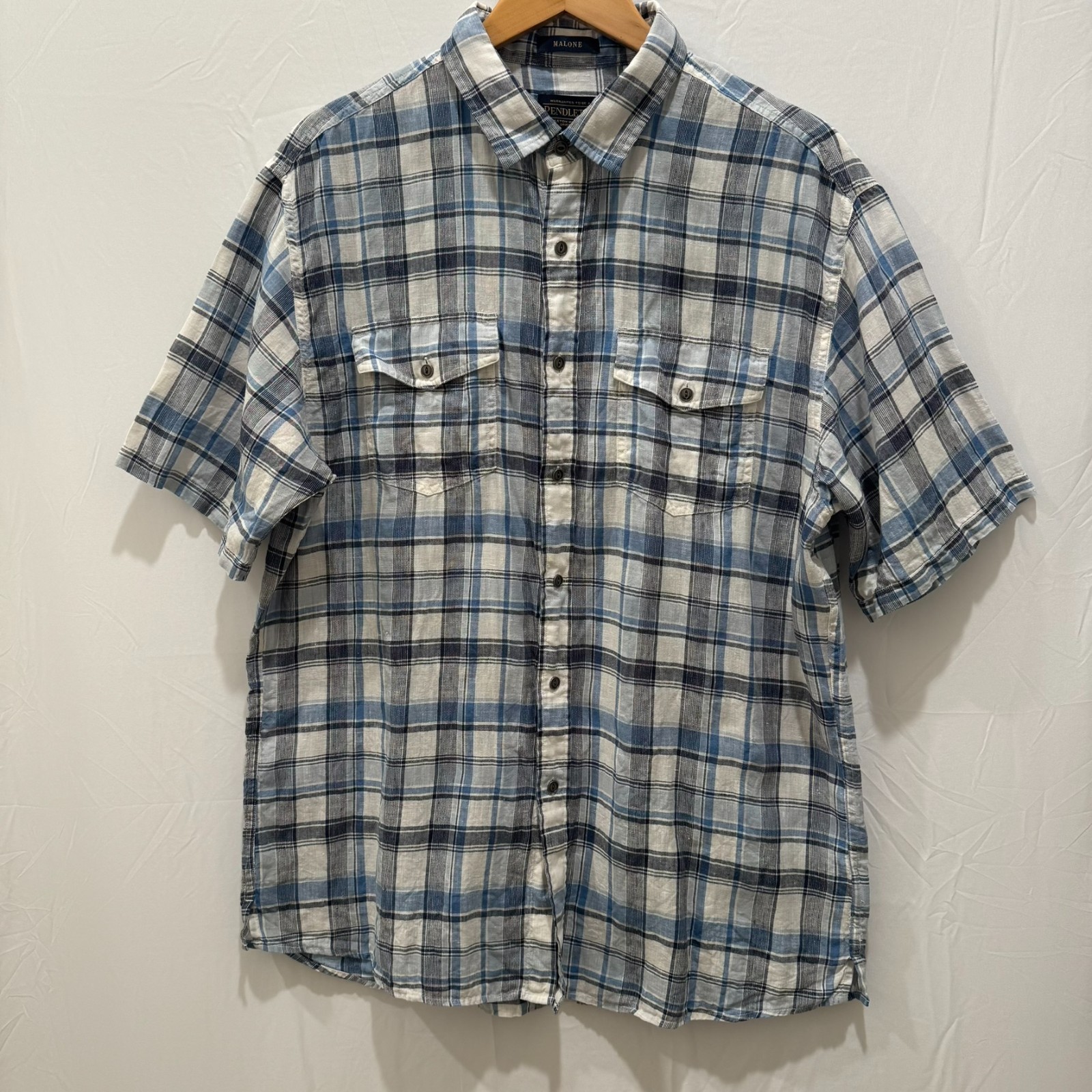 Pendleton Malone Linen Shirt Mens L Blue Plaid Short Sleeve Button Down Pockets