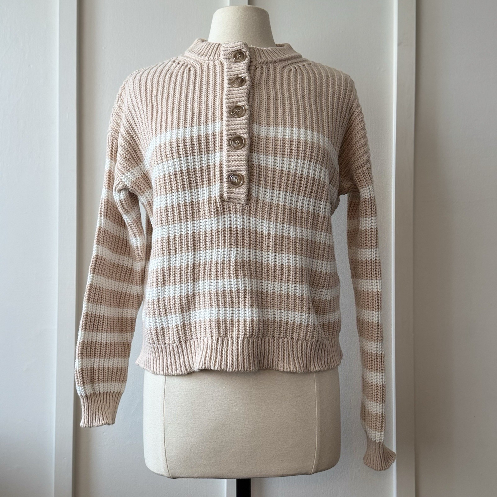 Elie Tahari Blush & Cream Striped Cashmere Blend Button Neck Sweater | Medium