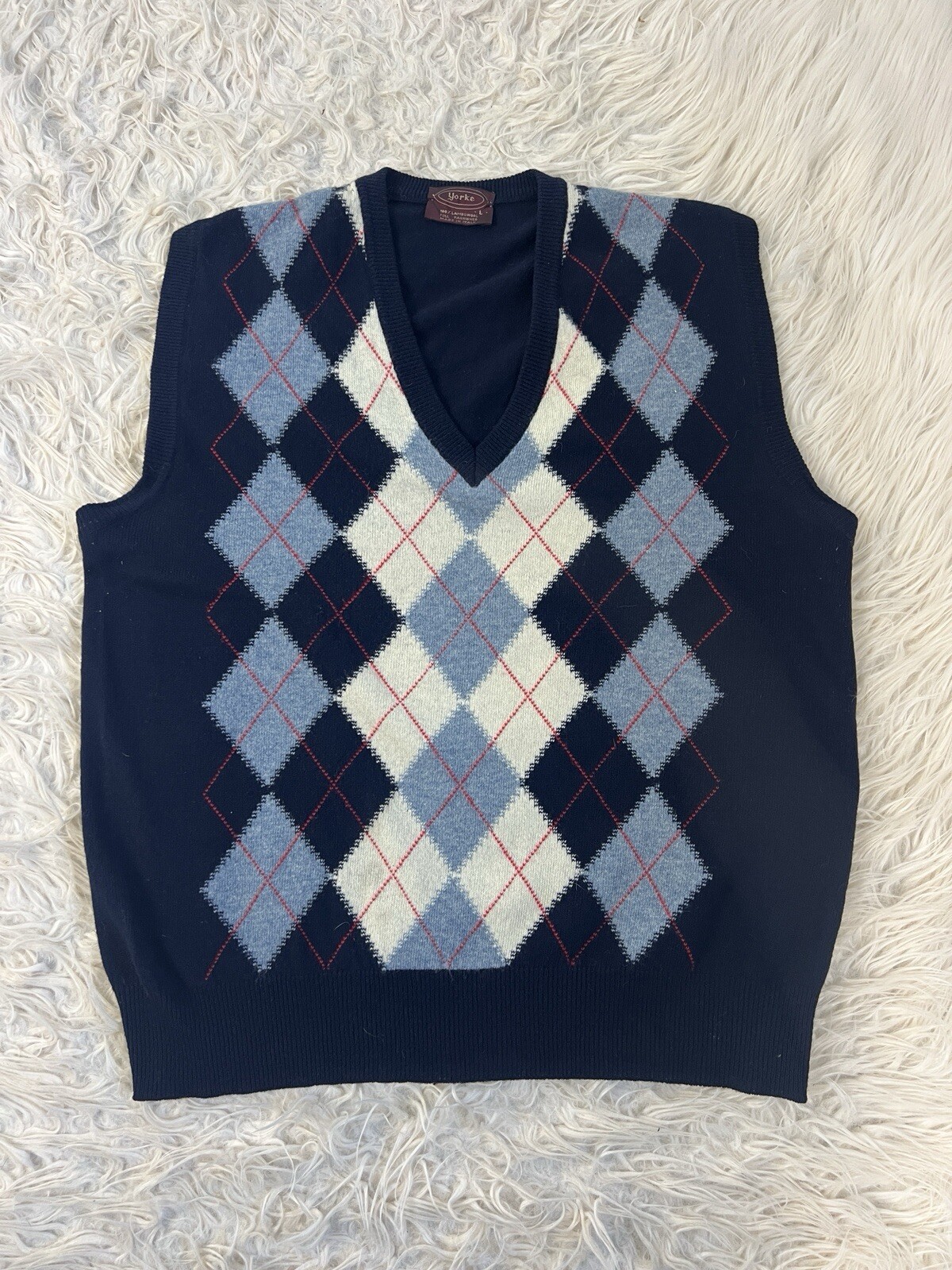 Yorke Vintage Blue & White Argyle 100% Lambswool Sweater Vest Mens Size Large