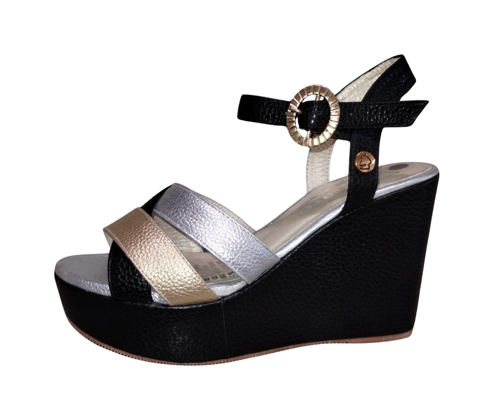 Sandal Woman Black Leather Platform with 3 straps