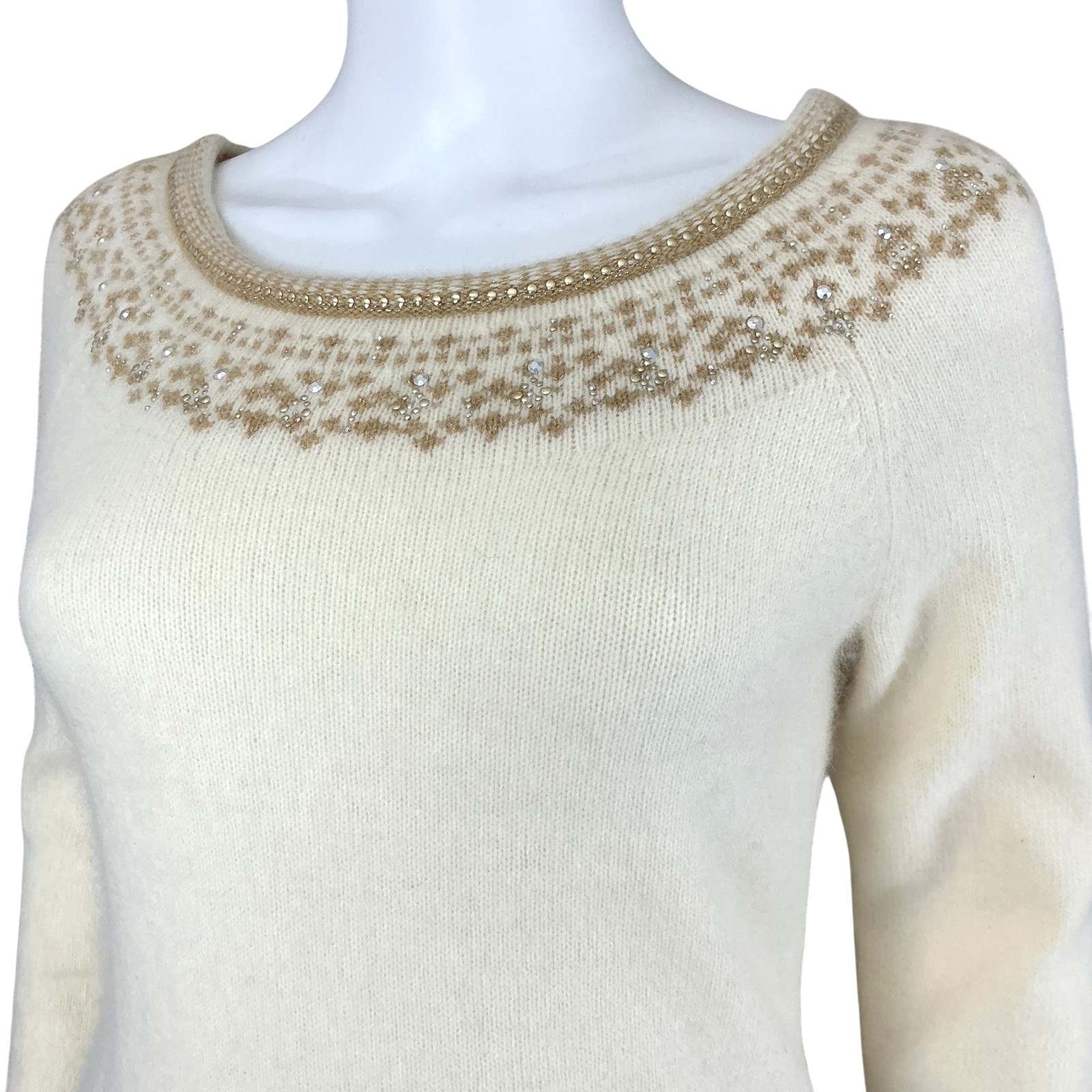 Apt. 9 Women’s Angora Fair Isle Sweater M Cream Beaded Rhinestones Boat Neck NWT