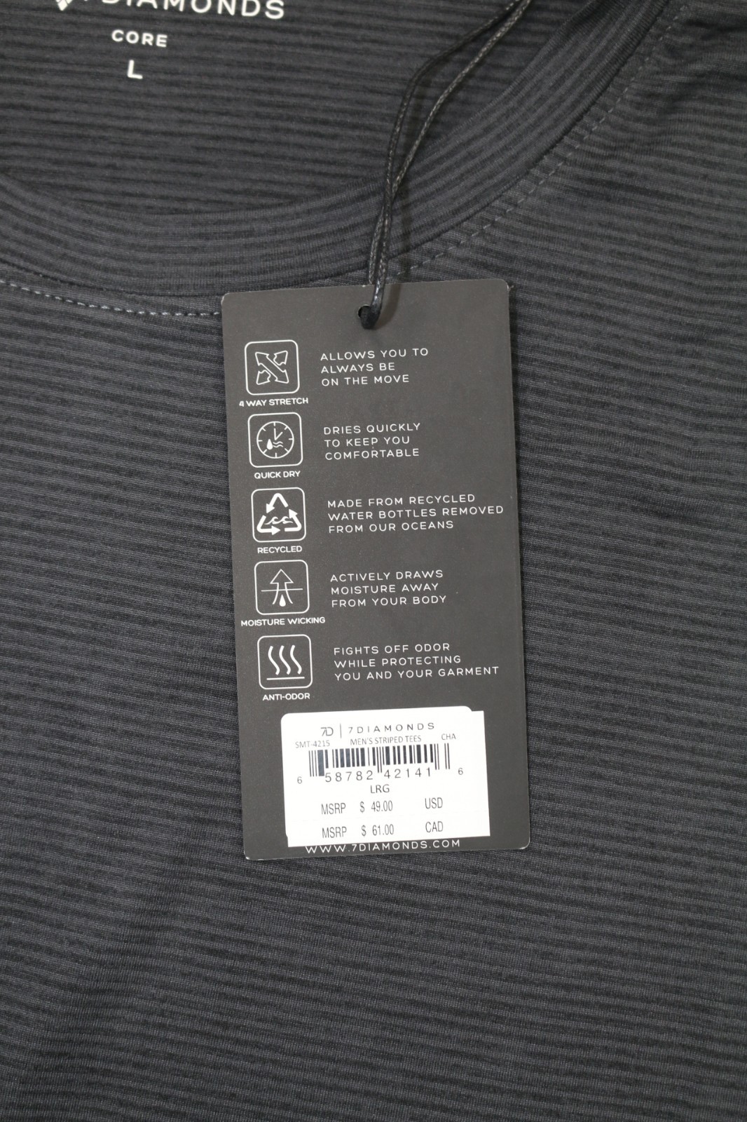 7 Diamonds Mens Core Crew Neck StripedTee Charcoal L 4-Way Stretch Quick Dry