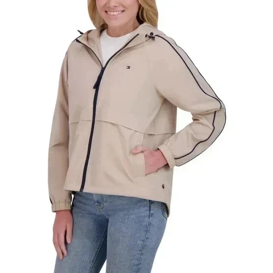 NEW Tommy Hilfiger Womens Windbreaker Jacket, Lightweight Hooded, Tan, MEDIUM