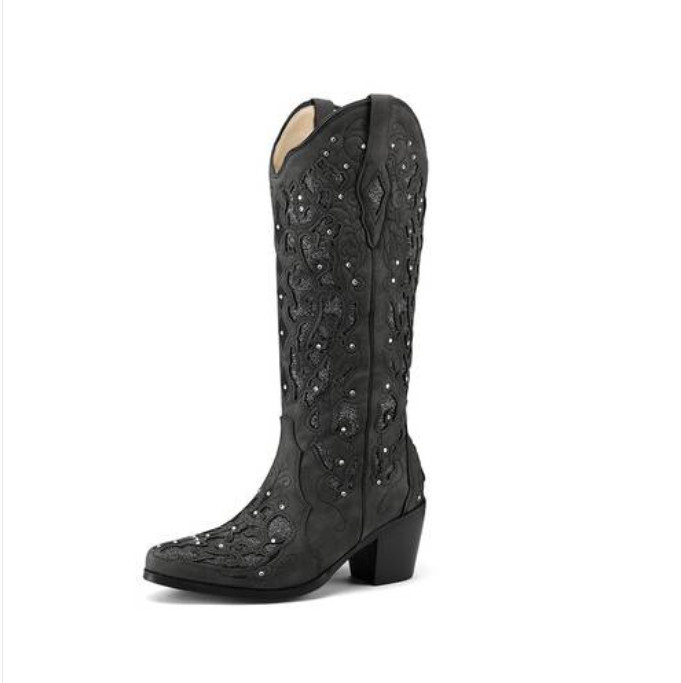 Western Womens Pointy Toe Block Heels Knee High Boots Diamond Embroidered Shoes