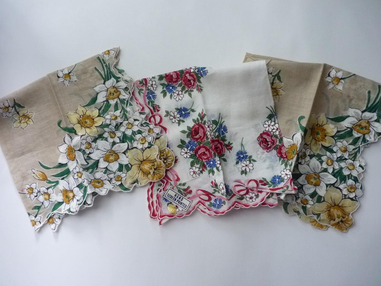 FLORAL HAND SCREEN PRINTED 3 HANDKERCHIEFS LOT
