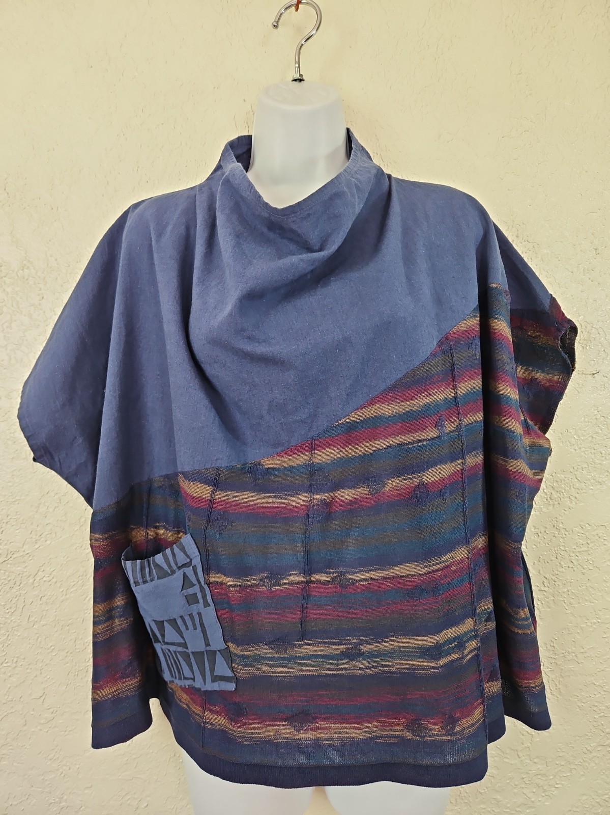 FUGA FUGA O/S Blue/Multi Linen Blend Mixed Media Boxy Cropped Top Mesh