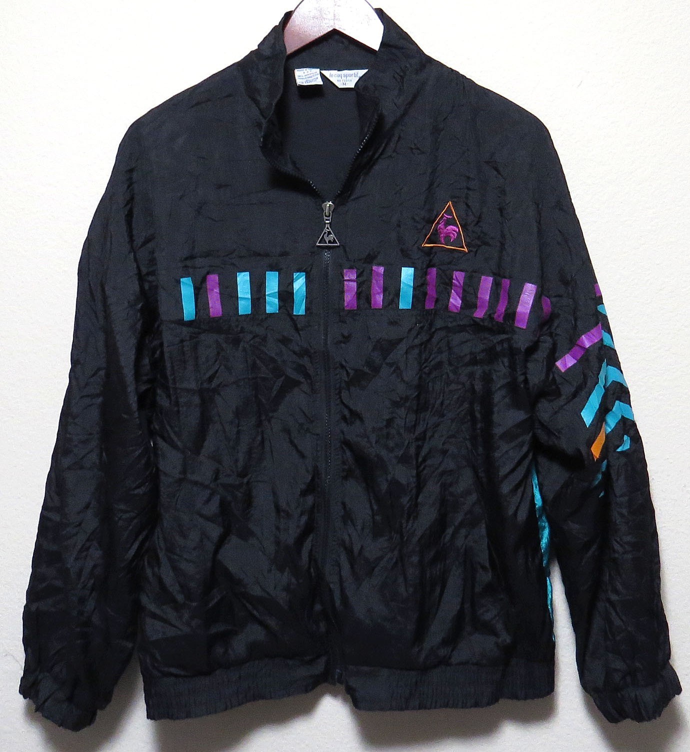 vtg Le Coq Sportif BLACK & NEON Windbreaker M Teal Purple 80s/90s Jacket Lined