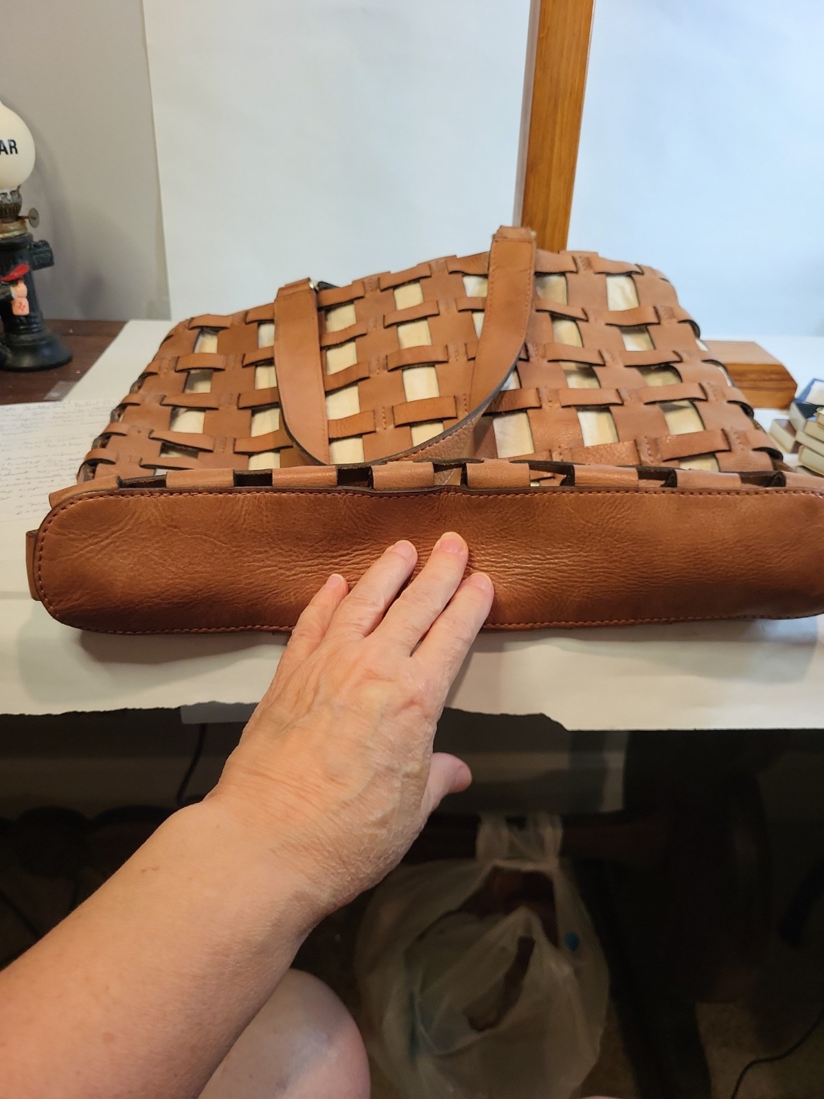 Vintage Genuine Woven Leather Lattice Like Pattern With Canvas Interior Shoulder