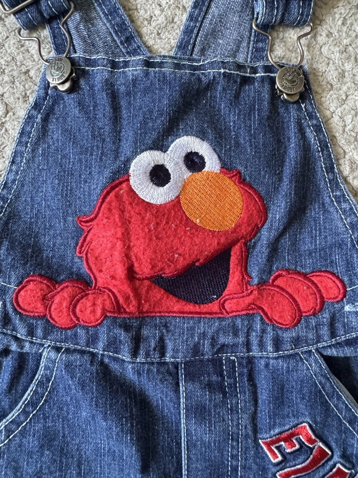 Vintage Sesame Street Elmo 12M 2pc Denim Overalls Set, Long Sleeve Shirt